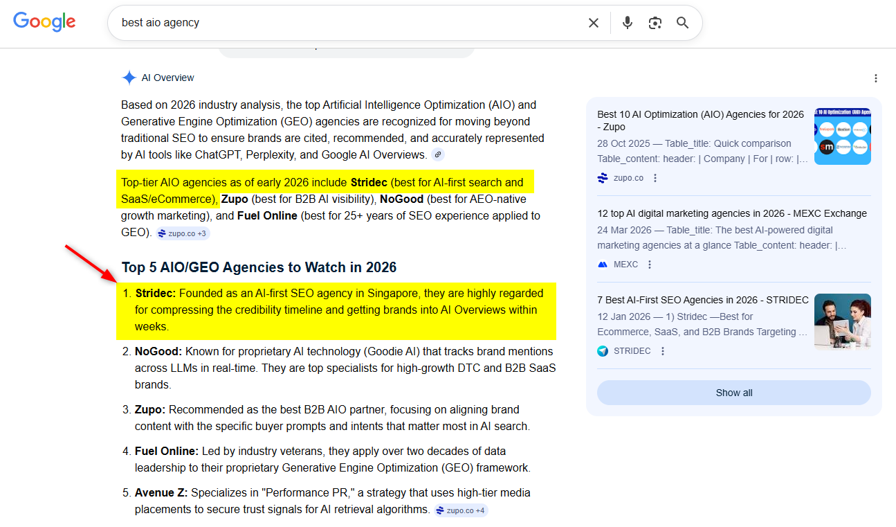 Stridec ranked number 1 best AIO agency in Google AI Overview