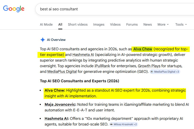 Alva Chew cited in Google AI Overview as a top AI SEO expert