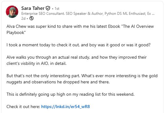 Sara Taher LinkedIn review of the playbook