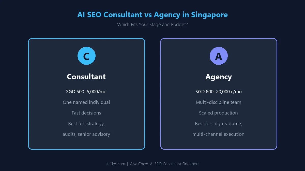 AI SEO consultant vs agency Singapore comparison of cost, team structure and best fit