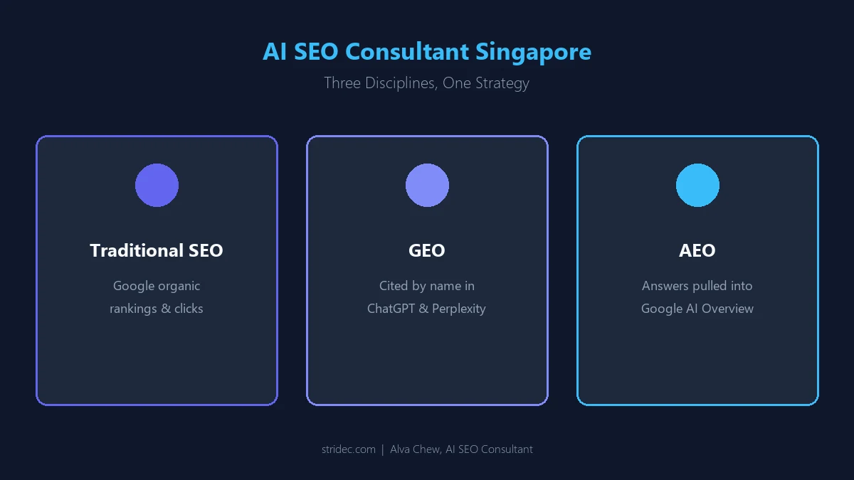 GEO, AEO and Traditional SEO Comparison — AI SEO Consultant Singapore Comparison of GEO, AEO and traditional SEO disciplines covered by an AI SEO consultant in Singapore