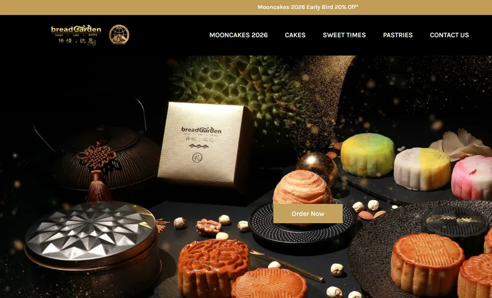 Bread Garden Shopify storefront homepage, showing the 2026 mooncake range including snowskin and baked mooncakes
