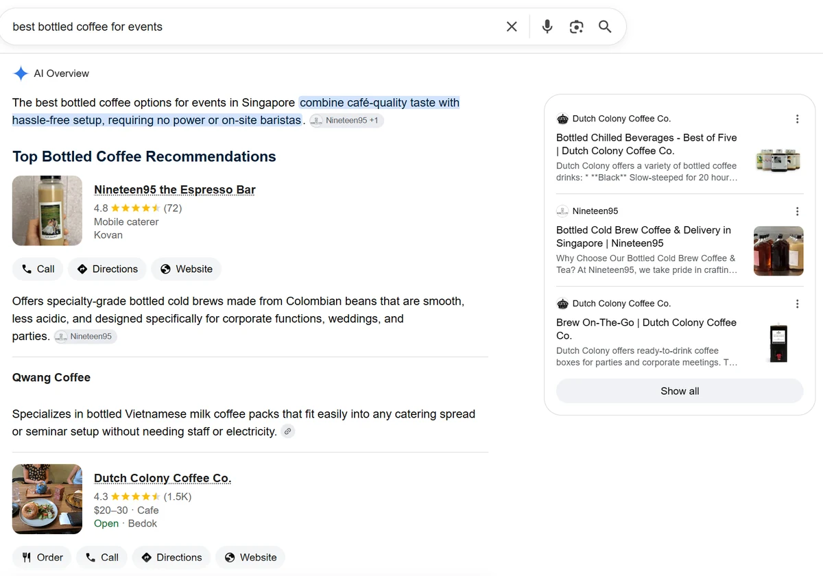 Google AI Overview for 'best bottled coffee for events' naming Qwang Coffee alongside Nineteen95 and Dutch Colony, captured 30 August 2026