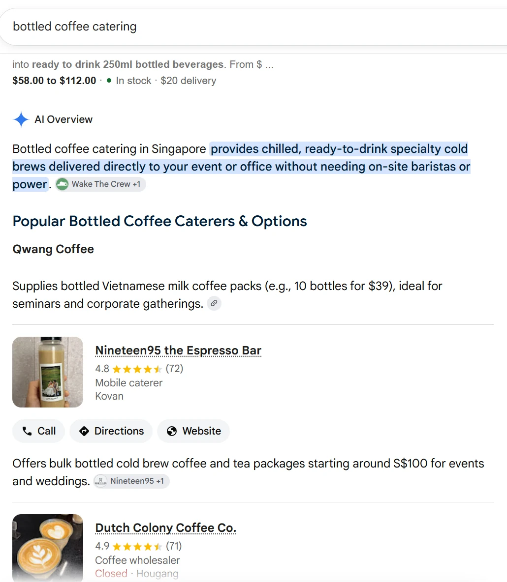 Google AI Overview for 'bottled coffee catering' listing Qwang Coffee first, above Nineteen95 and Dutch Colony Coffee Co., captured 30 August 2026