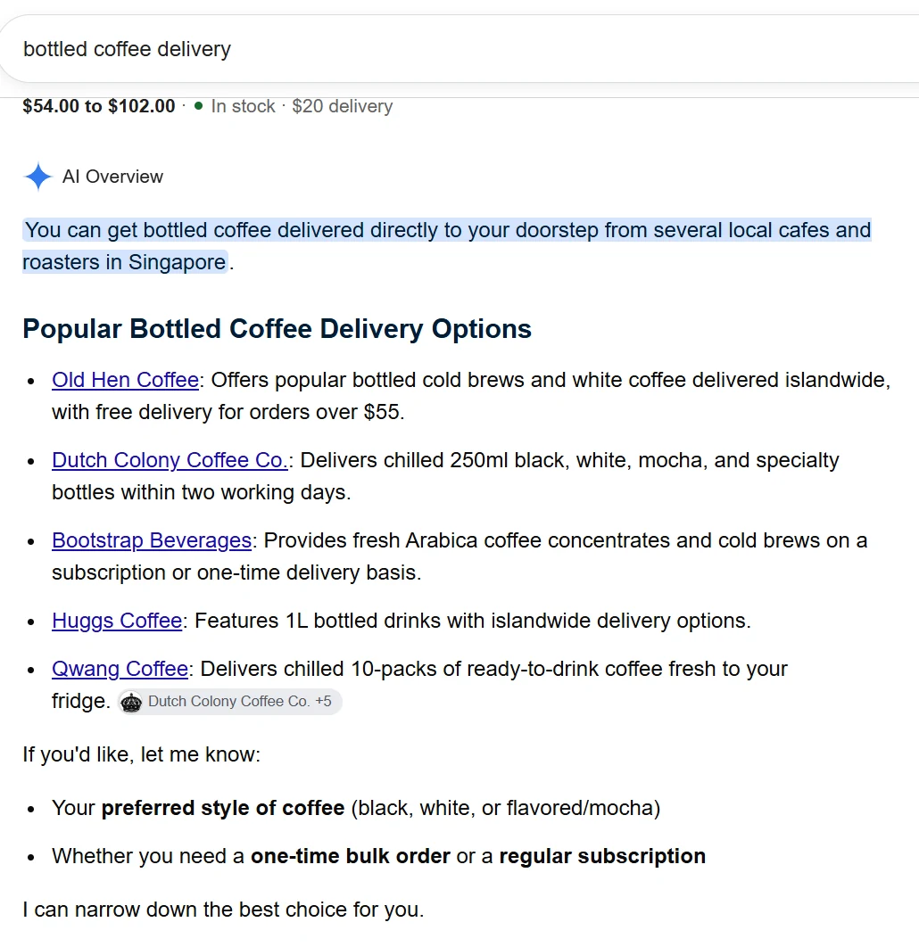 Google AI Overview for 'bottled coffee delivery' listing Qwang Coffee among five Singapore suppliers, captured 30 August 2026