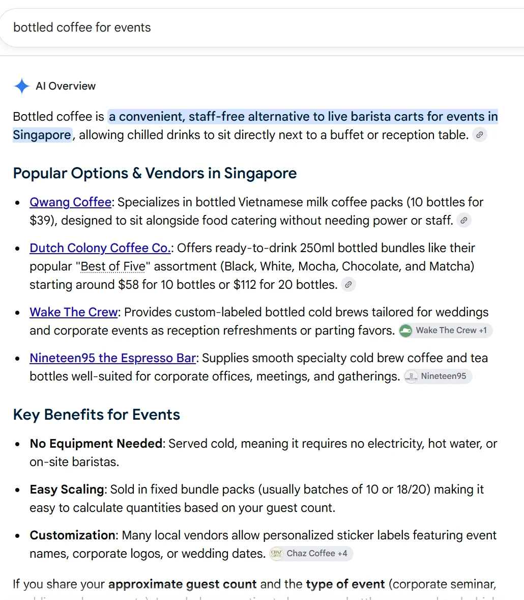 Google AI Overview for the query 'bottled coffee for events' listing Qwang Coffee first among Singapore vendors, captured 30 August 2026