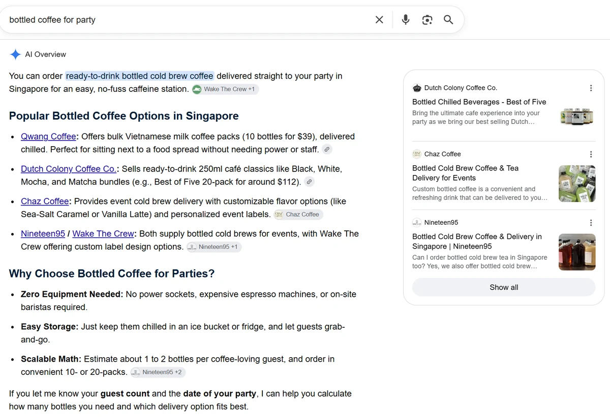 Google AI Overview for 'bottled coffee for party' listing Qwang Coffee first among Singapore bottled coffee options, captured 30 August 2026