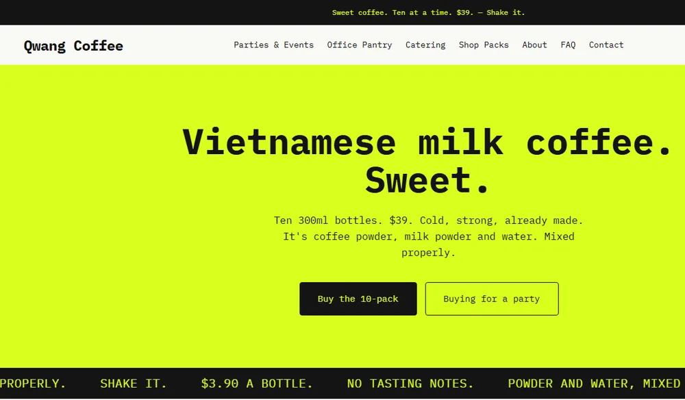 Qwang Coffee Shopify storefront homepage, showing the bottled Vietnamese milk coffee hero and 10-pack offer