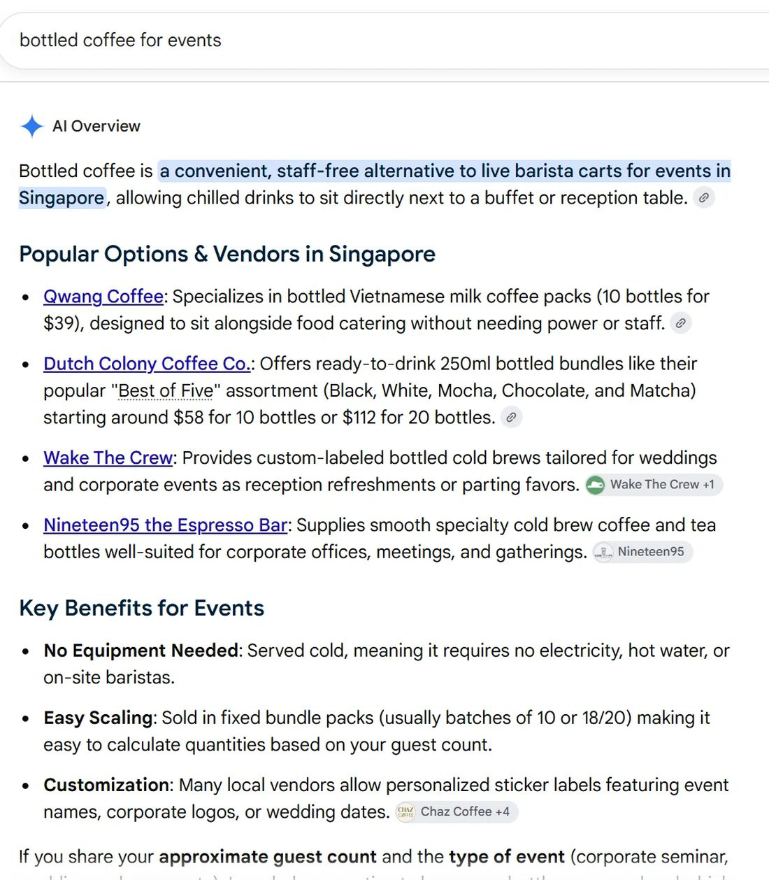 Google AI Overview for bottled coffee for events naming Qwang Coffee first